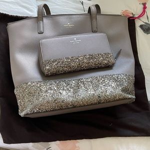 Kate Spade Penny Greta Court glitter LG tote & wallet set. Cityscape Grey